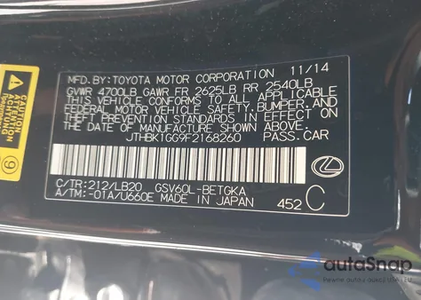 2015 Lexus Es 350 из США, поврежденный, VIN JTHBK1GG9F2168260